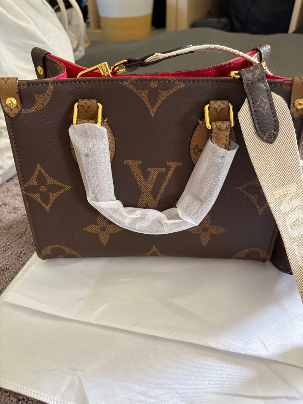 Brand new Copy Louis Vuitton Brown Monogram Canvas Tote with Red Interior